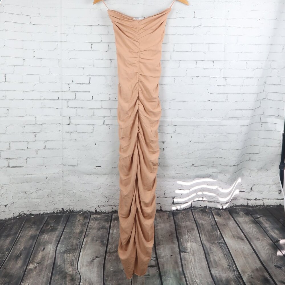 ZARA TAN STRAPLESS SPECIAL EDITION RUCHED BODYCON MIDI DRESS SIZE MEDIUM NWT